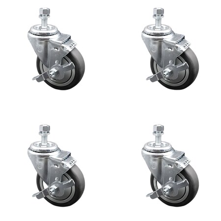 Service Caster 4 Inch SS Thermoplastic Rubber Swivel 1/2 Inch Threaded Stem Caster Set Brake SCC SCC-SSTS20S414-TPRB-TLB-M1015-4